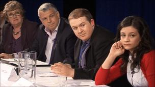 Four of the panelists at the BBC Schools Question Time event