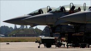 A row of Typhoon fighter jets at RAF Coningsby