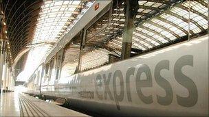 A Heathrow Express train at Paddington Station in London