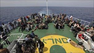Evacuees being taken by ship to Benghazi, Libya (21 April 2011)