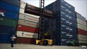 Shipping containers at port in Shanghai, China