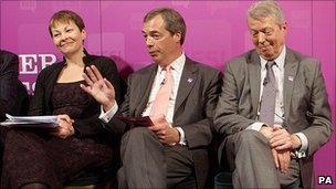 Alan Johnson (right), Nigel Farage and Caroline Lucas