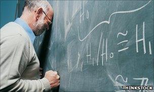 Defeated-looking man with head leaning on blackboard