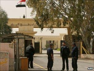 Egyptian border police at the Rafah crossing