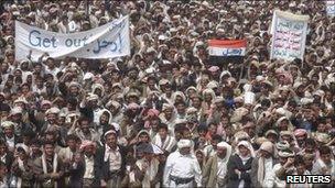 Anti-government protesters in the northwestern city of Saada, Yemen, April 15, 2011.