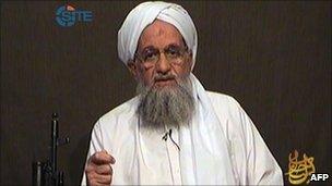Videograb provided by the Site Intelligence Group on April 15, 2011, showing a picture of al-Qaeda number two Ayman al-Zawahiri