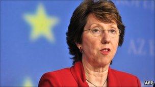 Catherine Ashton at EU headquarters (12 April 2011)