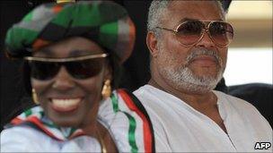 Nana Konadu Rawlings (L) and Ghana's former President Jerry Rawlings (R) in January 2009