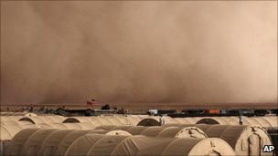 A dust storm over US Marine Corps base in Helmand, Afghanistan