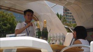 Enjoying champagne at Hong Kong Gold Coast Boat Show