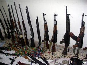 Photo released by the Syrian official news agency allegedly showing weapons that were confiscated by armed forces from terrorist groups in Baniyas (8 May 2011)
