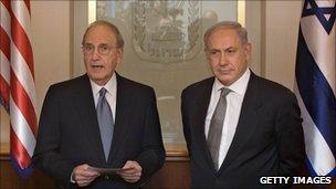 George Mitchell, left, shown with Israeli PM Netanyahu