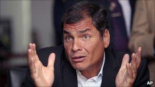 Rafael Correa during a news conference on 12 May 2011