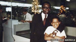 A childhood photograph of Barack Obama and his father