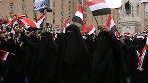 Yemeni women take part in a march against President Saleh in Sanaa on 22 May 22, 2011.