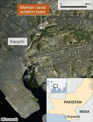 Satellite image showing the location of the Mehran naval air base in Karachi