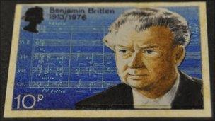 Jennifer Toombs' stamp design of Benjamin Britten