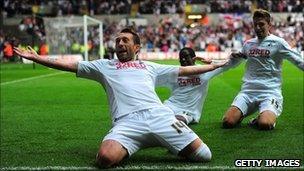 Swansea player Stephen Dobbie celebrates scoring in the team's play off semi final victory over Nottingham Forest