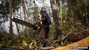 man with chainsaw in Sumatra