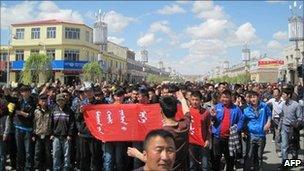 Handout photo taken on May 26, 2011 and released on May 31, 2011 by Southern Mongolian Human Rights shows Mongolian herders and students protesting in Huveet Shar Banner