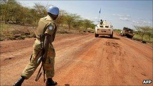 UN peacekeepers patrolling the Todach area, north of Abyei, on 30 May 2011