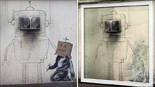Before and after damaged "Banksy" graffiti on wall of Grosvenor Hotel, Torquay