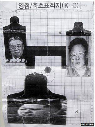 A firing target depicting North Korea's founder Kim Il-sung (top L), current leader Kim Jong-il (R) and the latter's third son Kim Jong-un