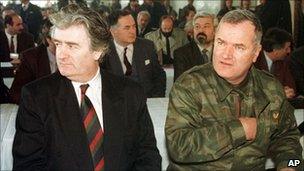 Radovan Karadzic and Ratko Mladic in the Bosnian Serb capital Pale, undated photo