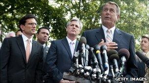 John Boehner along with House Republicans speaking outside the White House
