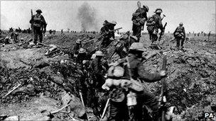 British troops prepare to go over the top during the battle of the Somme in World War I