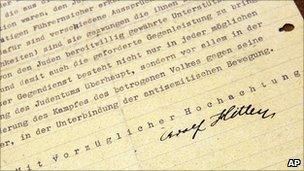 A detail of a letter written by Adolf Hitler is photographed, 7 June 2011 in New York