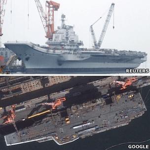 China's aircraft carrier is seen under construction in Dalian, Liaoning province (April 2011) (above) and on Google Maps (below)