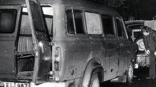 the bullet riddled minibus near Kingsmills in South Armagh in which 10 Protestant workmen were massacred