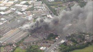 An aerial view of the Swansea factory fire