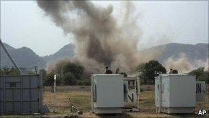A huge explosion near a United Nations compound in South Kordofan state, Tuesday, June 14, 2011.