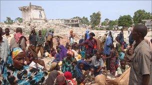 Somali drought refugees camp among the ruins of Somalia's capital, Mogadishu