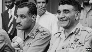 Muhammad Naguib (R) with Gamal Abdul Nasser in Cairo, 15 August 1953