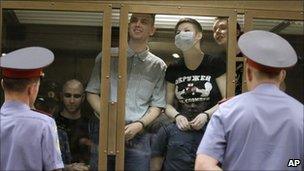 Defendants in the dock in Moscow, Russia (12 July 2011)
