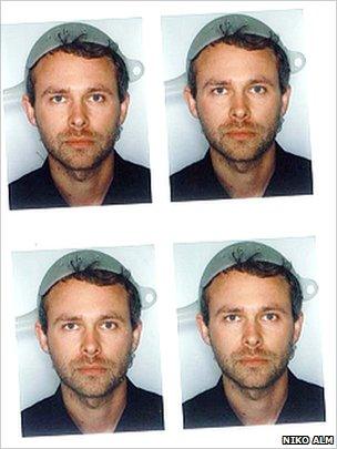 Passport photos of Niko Alm with a colander on his head