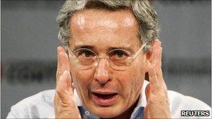 Colombia's former President Alvaro Uribe addresses businessmen and politicians in Cancun on 9 June