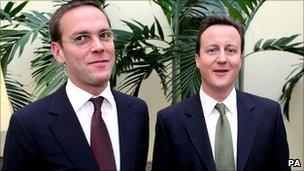 Former BSkyB Chief Executive James Murdoch (left) and Conservative party leader David Cameron stand side by side in 2007
