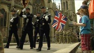Soldiers parading outside Bristol Cathedral on 15 July.