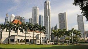 Singapore skyline seen behind parliament building