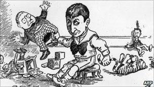 William Randolph Hearst portrayed as a spoilt child threatening to break his doll in a 1930 cartoon
