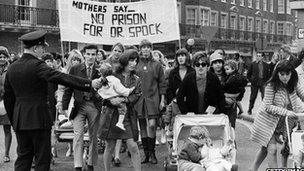 Actress Vanessa Redgrave (in centre, wearing boots) among a group of mothers supporting Dr Spock's appeal against a two year jail sentence