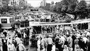 A barricade of trams in Moscow on 21 August, 1991
