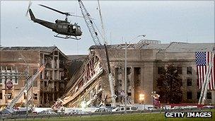 Part of the outer wall of the Pentagon collapsed after Flight 77 crashed into it