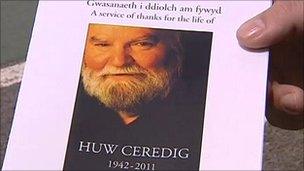 The order of service notice for the funeral of Huw Ceredig
