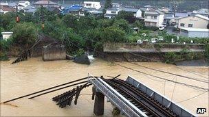 Storm-damaged bridge over the Nachi River in Nachikatsuura town, Wakayama prefecture, central Japan, on 4 September 2011
