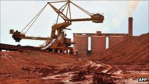 Bauxite is processed at a factory in Guinea (archive shot)